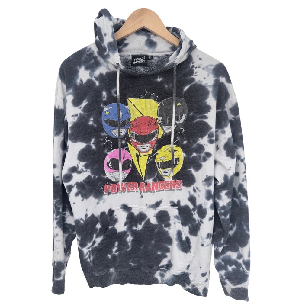 Power Rangers Hoodie Mens Medium Black White Tie Dye Graphic Sweatshirt